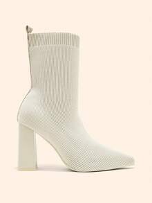 CUCCOO BASICS Women's Fashion Simple Pointed Elastic Knitted Breathable Black Short Boots, Thick Heel Design - Beige fly weaving - View 3