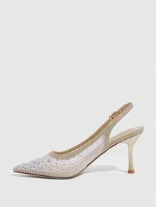 CUCCOO SZL Ladies Rhinestone Pointed Toe High Heels Translucent Fine Mesh Slingback Shoes Party Wedding Style - Champagne White - View 4