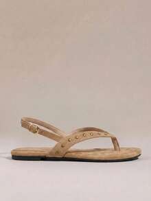 HighSole Women's Shoes Chocolate-Colored Riveted Flip-Flops, Inlaid With Retro Gold Pyramid Decoration, Spring And Summer Street And Beach Wear - Camel - View 2
