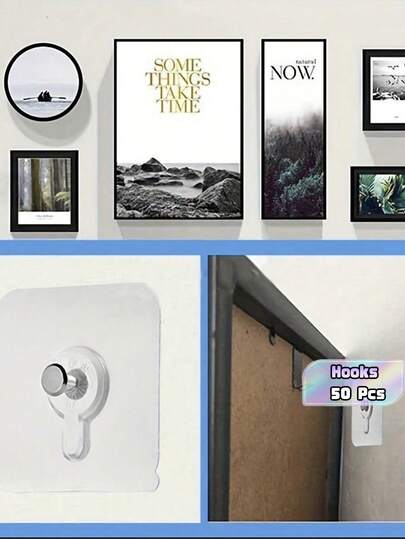 50/100 piezas de ganchos autoadhesivos de plástico para marcos de fotos, clavos para cuadros sin perforación y sin rastro, ganchos de pared con adhesivo fuerte, adecuados para fotos y pósteres, accesorios de instalación de decoración de pared