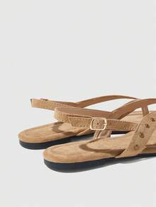 HighSole Women's Shoes Chocolate-Colored Riveted Flip-Flops, Inlaid With Retro Gold Pyramid Decoration, Spring And Summer Street And Beach Wear - Camel - View 9