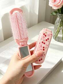 1pc Foldable Comb With Mirror, Pink Cherry Blossom, Bow & Flower Design, Compact Travel Comb, Suitable For Men & Women, Great Gift - Multicolor - View 12