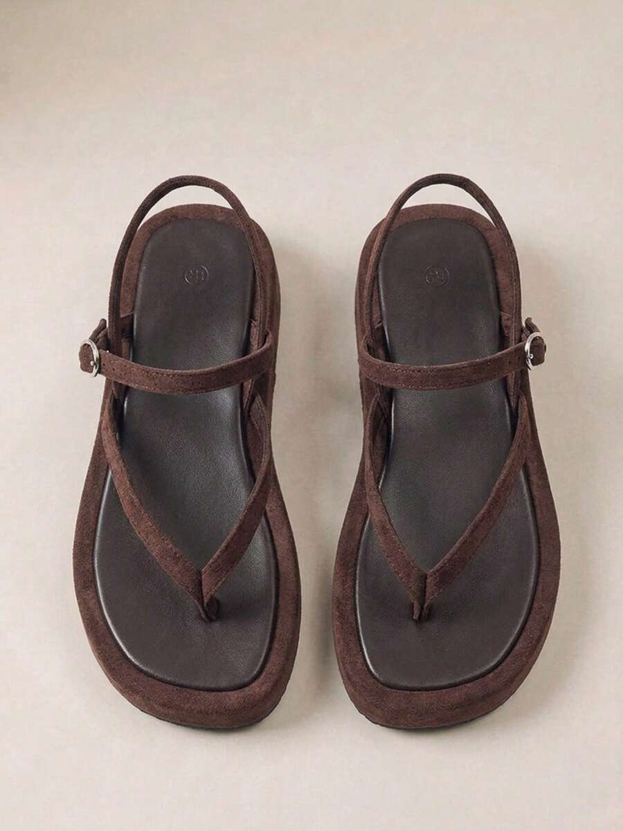 HighSole 女款鞋子簡單舒適好穿,露趾設計,低跟休閒風,麂皮材質,棕色厚底涼鞋,適合旅遊度假與日常穿著 - 巧克力棕 - 查看 1