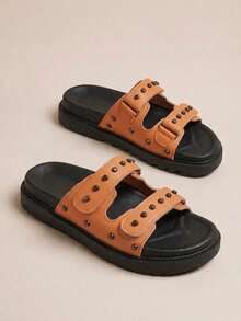HighSole Sandal Selop Platform Modis Wanita dengan Hiasan Rivet untuk Natal - Jeruk - View 8