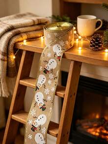2.36 Inch Wide Christmas Wired Edge Burlap Ribbon, Vintage Burlap Fabric Ribbon With Golden Metallic Trim, Snowman & Xmas Tree Printed Design, Flexible Wired Ribbon For Wreath Making, Gift Wrapping, Bow Craft, Holiday Home DIY Decor - multicolor - View 7