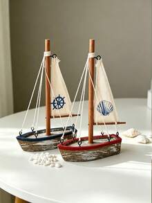 Cirelle 1pc Vintage Wooden Sailboat Decor, Rustic Nautical Boat Tabletop Ornament With Canvas Sail & Shell Pattern, Coastal Beach Theme Dining Table Decoration - multicolor - View 7