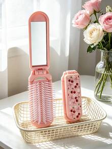 1pc Foldable Comb With Mirror, Pink Cherry Blossom, Bow & Flower Design, Compact Travel Comb, Suitable For Men & Women, Great Gift - Multicolor - View 7