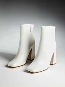 SHUZIA Women's Comfortable, Essential Vegan Leather Side Zipper Chunky Heels Booties Spring Shoes Spring Break Easter For Christmas - Beige - View 2