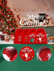 12/6pcs Christmas Drawstring Bags, Reusable Small Packaging Bags, Suitable For Gifts, Santa Claus Gift Bags, Can Be Used For Packaging Candy And Other Small Gifts, Suitable For Christmas Holiday Party Supplies, Jewelry Packaging Bags(Random Styles) - red - View 5