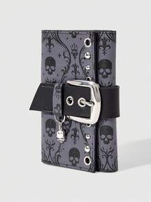 ROMWE Women's Y2K Punk Gothic Skull Print Tri-Fold Wallet, Belt Buckle Rivet Decor, Skull Pendant (Random Pattern) - dark purple - View 2