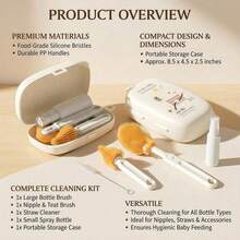 Portable Baby Bottle Brush Set Incude Bottle Brush, Nipple Brush Straw Brush, Drain Rack And Storage Box For Travel Or Trip - Beige - View 8