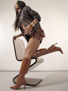 SHUZIA Women's Glamorous Sexy Pointed Toe Mid-Calf Heeled Boots - Mocha Brown - View 3