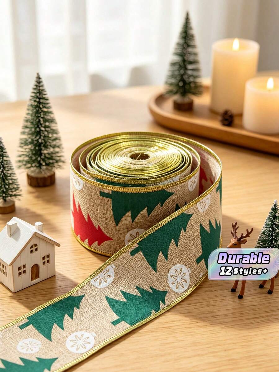 2.36 Inch Wide Christmas Wired Edge Burlap Ribbon, Vintage Burlap Fabric Ribbon With Golden Metallic Trim, Snowman & Xmas Tree Printed Design, Flexible Wired Ribbon For Wreath Making, Gift Wrapping, Bow Craft, Holiday Home DIY Decor - multicolor - View 1