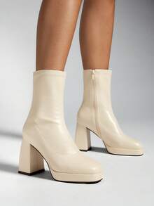 SHUZIA Women's Glamorous Round Toe Chunky Heel Pull On Booties Summer Shoes Spring Shoes Spring Break Easter For Christmas - White - View 2