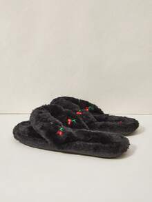 Cuccoo 女士居家拖鞋，夾腳式，毛絨，櫻桃刺繡，黑色，舒適 - -A5799黑色 - 查看 5