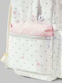 ROMWE 1 Buah Tas Ransel Sekolah Anak Perempuan Motif Bintang Putih Kawaii Manis Warna Pink dengan Paduan Warna, Liontin Catatan dan Kantong Transparan Banyak Sekat - Model bintang putih - View 2
