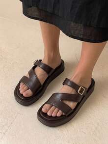 HighSole 女款交叉帶金屬扣法式極簡拖鞋 度假穿搭 - 咖啡棕 - 查看 3