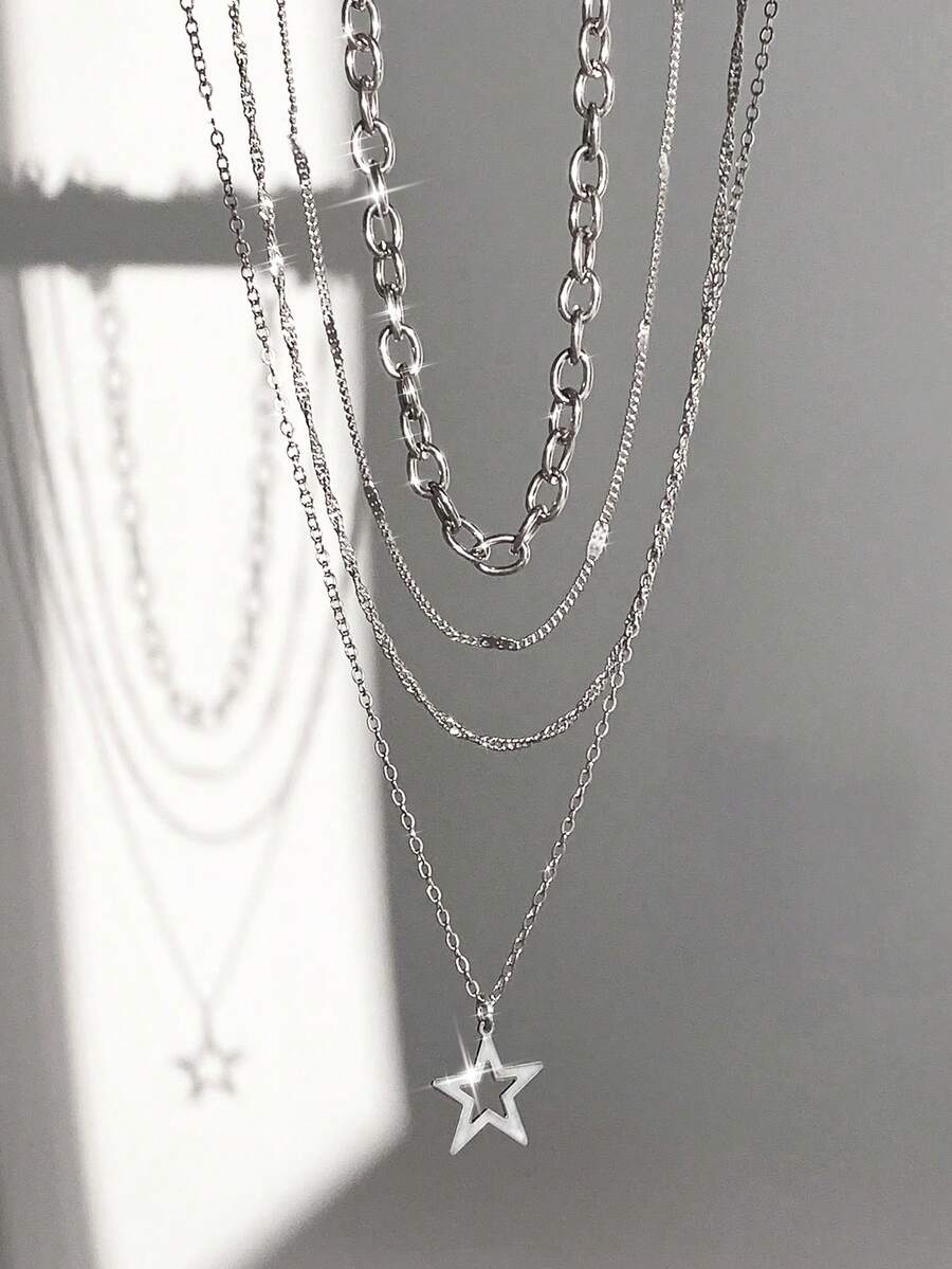 ROMWE Goth 4pcs/set Fashionable Punk Style Star Pendant Necklace - Silver - View 1
