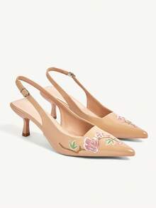 CUCCOO CHICEST Spring/Summer New Design Pointed Toe Floral Wine Glass Heel Mid-Heel Romantic New Chinese Style High Heel Pumps Dress Shoes Fall Shoes - Pearlescent nude - View 1