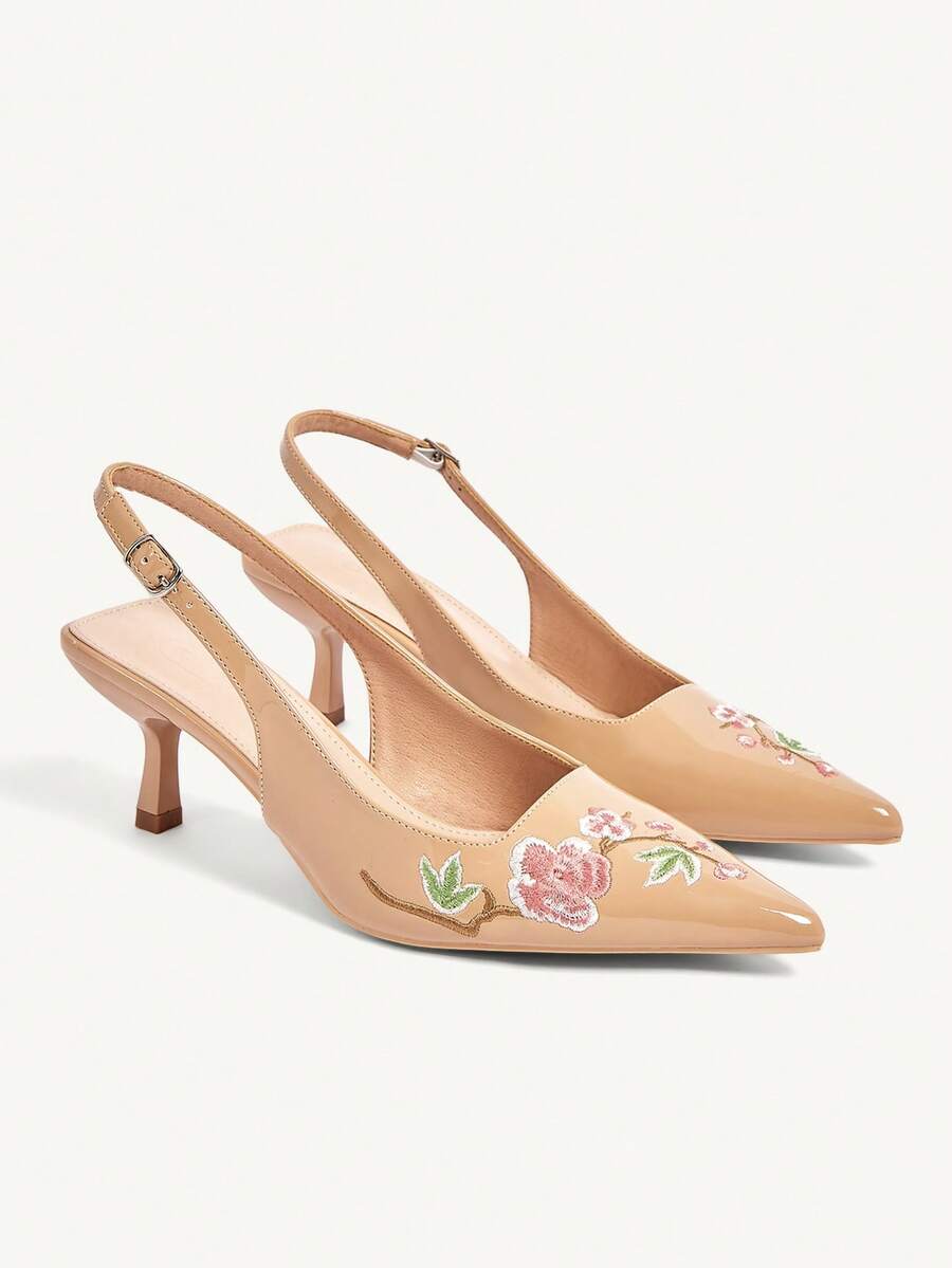 CUCCOO CHICEST Spring/Summer New Design Pointed Toe Floral Wine Glass Heel Mid-Heel Romantic New Chinese Style High Heel Pumps Dress Shoes Fall Shoes - Pearlescent nude - View 1