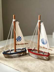 Cirelle 1pc Vintage Wooden Sailboat Decor, Rustic Nautical Boat Tabletop Ornament With Canvas Sail & Shell Pattern, Coastal Beach Theme Dining Table Decoration - multicolor - View 10