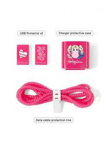 Harley Quinn X SHEIN 4-Piece Data Cable Protective Cover, Suitable For IPhone Charging Cable, Cherry Print Pattern, Charging Cable Protective Cover (Excluding Data Cable) - Rose pink - View 4