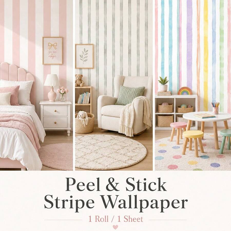 1 Roll Watercolor Stripe Peel & Stick Wallpaper, Removable PVC Wall Decor For Kids Bedroom, Nursery & Playroom, 3 Patterns, 3 Sizes - Multicolor - View 1