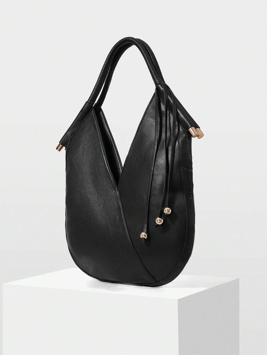 MOTF WOMEN'S FASHION BLACK SHOULDER BAG, WOVEN HANDLE FRINGED DECORATION, SIMPLE V-SHAPED ROUND TOTE BAG, FOR DAILY, COMMUTING, SHOPPING - Black - View 2