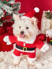 PETSIN 1set Santa Claus Costume, Santa Hat, Cat Winter Clothes, Dog Standing On Two Feet Clothes, Christmas Decorations - Red and White - View 14
