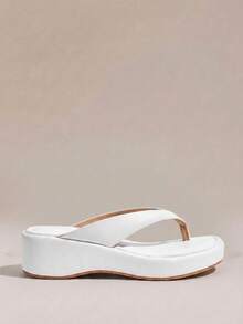 HighSole 春夏新款白色厚底坡跟夾腳拖鞋女鞋，防滑增高休閒舒適涼鞋，百搭款戶外海灘度假首選，居家必備夾腳拖 - 白色 - 查看 2