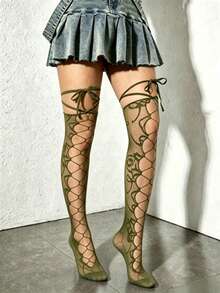 ROMWE 1Pair Sweet Kawaii Army Green Strap Hollow Over Knee Fishnet Socks - Army Green - View 6