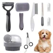 8-Piece Dog Grooming Kit, Self-Cleaning Pet Set With Scissors And Nail Clippers, Flea Comb, Pet Shampoo Brush, Excess Hair Removal Brush For Pets, Detangling Comb For Pets, Silicone Pet Toothbrush - Grey - View 9