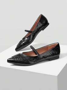 Mnmlis Black Sequined Pointed With Mary Jane Shoes - Black 9 - View 2
