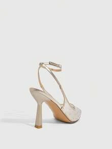 CUCCOO SZL Ladies Pointed Toe Square Vamp Thin High Heel Paint High Heel Flat Net Hot Rhinestone Ankle Strap Slingback Shoes, Romantic And Sexy. Four Seasons - Gold - View 3