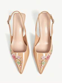 CUCCOO CHICEST Spring/Summer New Design Pointed Toe Floral Wine Glass Heel Mid-Heel Romantic New Chinese Style High Heel Pumps Dress Shoes Fall Shoes - Pearlescent nude - View 2