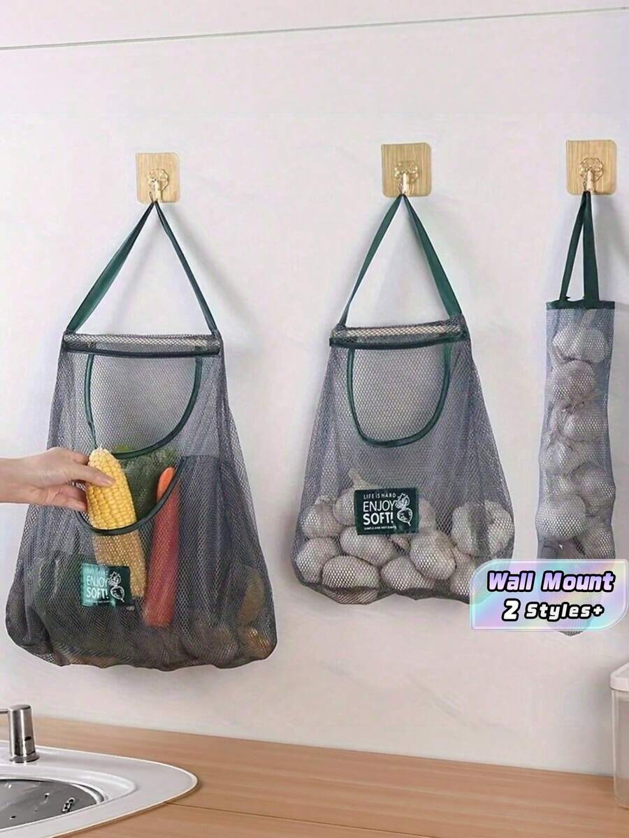 1pc Solid Wall Mount Mesh Storage Bag Kitchen Organizer For Fruits Vegetables Ginger Garlic Breathable Hanging Pouch Home Daily Use Functional Convenient Practical Household Supplies Must Have - Multicolor - View 1