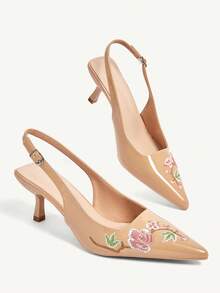 CUCCOO CHICEST Spring/Summer New Design Pointed Toe Floral Wine Glass Heel Mid-Heel Romantic New Chinese Style High Heel Pumps Dress Shoes Fall Shoes - Pearlescent nude - View 4