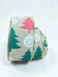 2.36 Inch Wide Christmas Wired Edge Burlap Ribbon, Vintage Burlap Fabric Ribbon With Golden Metallic Trim, Snowman & Xmas Tree Printed Design, Flexible Wired Ribbon For Wreath Making, Gift Wrapping, Bow Craft, Holiday Home DIY Decor - multicolor - View 13