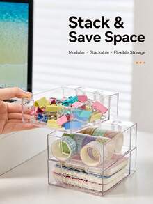 Haus Hana Clear Stackable Desktop Storage Box, Minimalist Stationery & Sundry Organizer For Sticky Notes, Pens, Clips, Cards, Books, Office Supplies, Home Workspace, Desk, Shelf, Bedroom, Daily Organization & Housewarming Gift - Multicolor - View 5