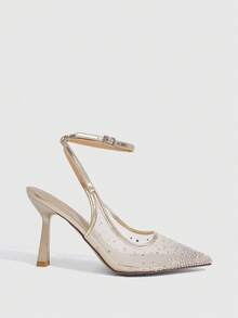 CUCCOO SZL Ladies Pointed Toe Square Vamp Thin High Heel Paint High Heel Flat Net Hot Rhinestone Ankle Strap Slingback Shoes, Romantic And Sexy. Four Seasons - Gold - View 2