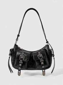 ROMWE Ladies Shoulder Bag, Retro Spice Girl Style Black Old Multi-Pocket Metal Pin Buckle Accessories Adjustable Shoulder Strap Shoulder Crescent Bag, Daily - Black - View 1