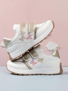 SHEIN 1 Pair Of Women's Children's Shoes Embroidered Retro-Style Gold Contrasting Color Design Suitable For Spring, Summer, Autumn And Winter Sports Shoes - White - View 4