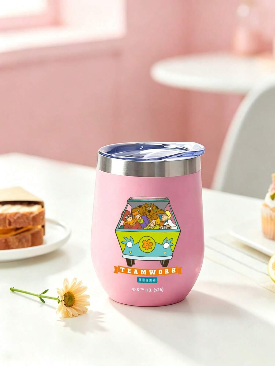 SCOOBY-DOO X SHEIN 1PC Scooby‑Doo Flip‑Top Lid Travel Drink Cup, Eye‑Catching Themed Printed Vessel, Compact Portable Reusable Design, Great For Beverages, Commuting, Road Trips, Camping, Outdoor Adventures And Daily On‑The‑Go Drinks - Pink - View 1
