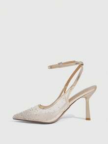 CUCCOO SZL Ladies Pointed Toe Square Vamp Thin High Heel Paint High Heel Flat Net Hot Rhinestone Ankle Strap Slingback Shoes, Romantic And Sexy. Four Seasons - Gold - View 4