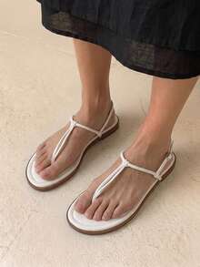 HighSole 女士平底凉鞋，趾带设计，舒适百搭，适合春夏户外/室内穿着，简约时尚，适合度假、日常通勤，优雅复古风。 - 白色 - 查看 5