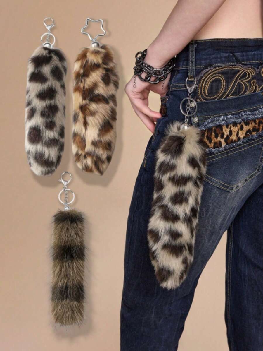 ROMWE Kawaii 1 Creative Versatile Personalized Multi-Color Simulation Beast Tail Raccoon Print Tiger Print Leopard Print Animal Tail DIY Keychain Bag Pendant - Multicolor-4 - View 1