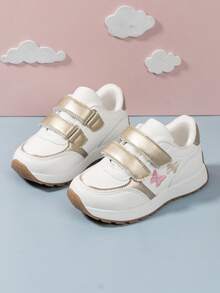 SHEIN 1 Pair Of Women's Children's Shoes Embroidered Retro-Style Gold Contrasting Color Design Suitable For Spring, Summer, Autumn And Winter Sports Shoes - White - View 3