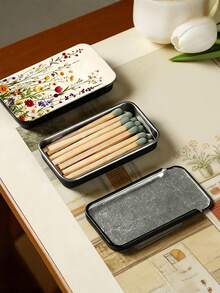 1PC Durable Metal Sliding Lid Matchbox With Wildflower Pattern Retro Vintage Compact Portable Decorative Storage Organizer Box For Home Office Daily Use Gift For Friends - Grey - View 3