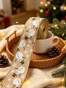 2.36 Inch Wide Christmas Wired Edge Burlap Ribbon, Vintage Burlap Fabric Ribbon With Golden Metallic Trim, Snowman & Xmas Tree Printed Design, Flexible Wired Ribbon For Wreath Making, Gift Wrapping, Bow Craft, Holiday Home DIY Decor - multicolor - View 6