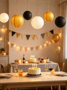 The Paper Lantern Set In Black, Gold, And White Colors Requires No Batteries Or Power Source, Making It Ideal For Decorating Birthdays, New Year's Celebrations, Graduation Ceremonies, And Various Parties - Multicolor - View 6